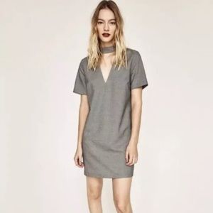 Zara Houndstooth Choker Shift Mock Neck Dress XS